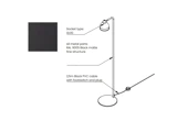 Teknisk tegning af en sort gulvlampe med mærkater, der angiver GU10-fatningen, RAL 9005 sort mat metaloverflade samt et 2,5 m langt sort PVC-kabel med fodkontakt.