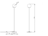 Teknisk stregtegning af en gulvlampe i kugleform, der viser en højde på 1500 mm, en kuglediameter på 200 mm og en foddiameter på 250 mm.