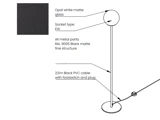 Teknisk diagram over en gulvlampe med en kugleformet glasskærm, et tyndt metalstativ og et strømkabel med fodkontakt, hvor specifikationerne for glasset, fatningstypen, metaloverfladen og kablet er fr