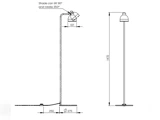 Teknisk tegning af en gulvlampe med rund fod, justerbar lampeskærm, der kan vippes 90° og drejes 350°, med angivne mål: højde 1472 mm, foddiameter 275 mm, lampeskærmens højde 137 mm.