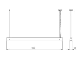 Teknisk tegning af en rektangulær pendel, 1500 mm bred og 60 mm høj, vist både set forfra og fra siden med ophængskabler.