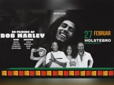 Koncertplakat for en Bob Marley-hyldest den 27. februar i Holstebro, med Bob Marleys billede og flere optrædende, med farverige dekorative mønstre i bunden.