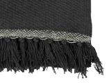 Nærbillede af et mørkt vævet tekstil med en lys stribe nær kanten og lange, tykke frynser, der hænger ned fra bunden.