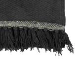 Nærbillede af et mørkt vævet tekstil med en lys stribe nær kanten og lange, tykke frynser, der hænger ned fra bunden.