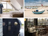 En collage, der viser et moderne soveværelse, fiskerbåde på en sandstrand, en rund sort sauna og et stilfuldt restaurantinteriør med store vinduer.