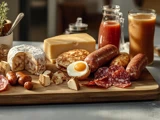 Et træbræt med forskellige oste, salami i skiver, pølser, paté, et blødkogt æg, pandekager og glas med juice på et morgenbord.