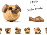 Et hundelegetøj af træ, der består af to dele, vises i forskellige stillinger; teksten lyder "2 Parts = Creative Freedom.".