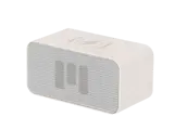 En lille, rektangulær, hvid Bluetooth-højttaler med netfront og et enkelt, minimalistisk design.