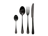 Fire stykker matsort bestik - teske, spiseske, gaffel og kniv - arrangeret i en række på en hvid baggrund.