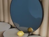 En citron sidder foran et rundt spejl og reflekterer sit eget billede. Baggrunden består af cylindriske former og flade, cirkulære overflader i neutrale toner.
