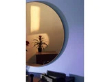 Et rundt spejl på en blå væg reflekterer en plante og sollys, hvilket skaber en varm, gul glød på væggen inden for refleksionen.