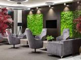 Moderne lounge med grå lænestole, træborde, røde planter, grønne vægpaneler med mos, ringkroner og et tv monteret på en mørk væg.