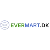 Logo med en wireframe-globus til venstre og teksten EVERMART.DK i grønne, blå og sorte store bogstaver på en transparent baggrund.