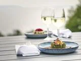 Et nærbillede af en gourmetret og to glas hvidvin på et udendørs bord, med en anden tallerken og servietter i baggrunden, med udsigt til en sløret naturudsigt.