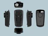 Fem sorte elektroniske enheder vises fra flere vinkler med knapper, indikatorlamper og linsekomponenter på en lysegrå baggrund.