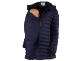 En marineblå puffercoat designet med en ekstra lynlåssektion, så en babydukke kan bæres tæt indeni på forsiden.
