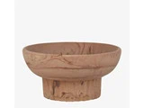 En rund træskål med en bred åbning og en tyk, cylindrisk bund med et naturligt træmønster.