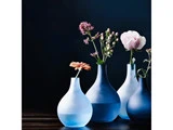 Fire blå, matterede glasvaser med hver sin delikate blomst er arrangeret mod en mørk baggrund, hvilket skaber en blød og elegant kontrast.