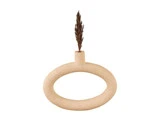 En beige, oval keramikvase med smal hals, der holder et enkelt tørret brunt siv på en hvid baggrund.
