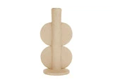 En beige keramikvase med en struktureret overflade, en høj cylindrisk hals og to store runde former på hver side af den lodrette krop.