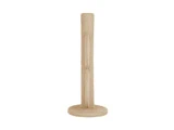 En beige, cylindrisk, struktureret køkkenrulleholder med en rund base, der står oprejst mod en hvid baggrund.
