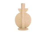 Beige keramikvase med struktureret finish, rund krop, lodret cylindrisk hals og halvcirkelformet accent bag halsen.
