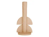 En beige, struktureret, cylindrisk vase med to halvcirkelformede figurer på hver side og en rund base, vist på en hvid baggrund.