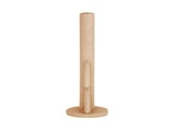 En enkel, beige, cylindrisk køkkenrulleholder med en rund base og en kort sidearm til støtte.