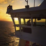 En person står inde i en skibsbro ved solnedgang, i silhuet mod den gyldne himmel og det reflekterende hav.