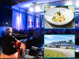 En musiker optræder på scenen foran et siddende publikum; i indsnittene ses en gourmetret og en moderne hvid bygning med flag udenfor.