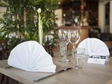 Nærbillede af et restaurantbord dækket med foldede hvide servietter, vinglas, et vandglas, bestik, en lille vase med en blomst og en grøn plante i baggrunden.