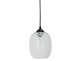 Pendellampe i klart struktureret glas med oval skærm og sort ledning, set mod en almindelig hvid baggrund.