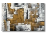 Abstrakt maleri med strukturerede penselstrøg i guld-, hvid- og gråtoner med overlappende geometriske former og en ru, lagdelt overflade.