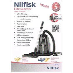 En Nilfisk Elite Superior-støvsuger med tilbehør vises. Funktioner, specifikationer og billeder af tilbehør vises sammen med dansk tekst og et rødt NYHED-mærke.