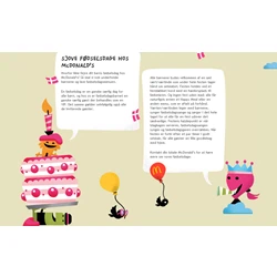 Farverig illustration med et glad barn i kagekostume, tegneseriefugle med balloner og festpynt ved siden af dansk tekst om børnefødselsdage på McDonalds.