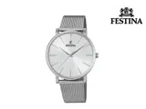 Sølvfarvet Festina-armbåndsur med mesh-rem og minimalistisk sølvfarvet urskive med enkle timemarkeringer. Festina-logoet ses på urskiven og i øverste højre hjørne.
