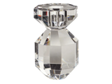 En klar, facetteret krystallysestage med geometriske former, der reflekterer lyset og viser skarpe kanter og vinkler.