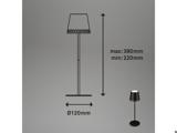 Diagram over en gulvlampe med mål: højde justerbar fra 220 mm til 380 mm, foddiameter 120 mm. Et foto af lampen vises til højre.