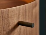 Et nærbillede af en træoverflade med et cylindrisk sort håndtag, der stikker ud fra den.