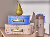En pære sidder oven på to stablede kufferter, en blå og en beige med bjørne- og træmotiver, ved siden af en brun vandflaske med lignende illustrationer med skovtema.