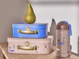 En pære balancerer på to stablede dekorative kufferter, en blå og en beige med bjørne- og træmotiver, ved siden af en brun vandflaske med blåt låg og skovtema.