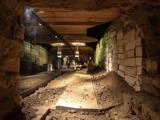 Udsigt til en underjordisk tunnel med sten- og murstensvægge, træbjælker i loftet, jordgulv og blød overbelysning, der skaber en varm, historisk atmosfære.