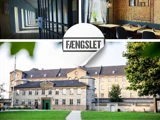 Collage af et tidligere fængsel: cellekorridor, hyggeligt caféinteriør og den historiske murstensfængselsbygning med FÆNGSLET-tekst overlejret i midten.