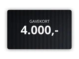 Et sort gavekort med ordet GAVEKORT og beløbet 4.000,- skrevet i hvid tekst.