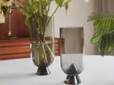 To moderne glasvaser, den ene med blomster og vand, står på en hvid flade ved siden af en grøn plante og træmøbler i baggrunden.
