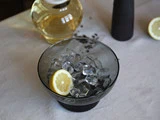 En glasskål fyldt med isterninger og en citronskive står på en dug, med en flaske væske og en halveret citron i baggrunden.