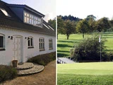 Delt billede: Til venstre et hvidt hus med tegltag og buede vinduer; til højre en grøn golfbane med træer og en flagstang.