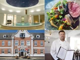 En collage, der viser en luksuriøs spapool, en gourmetbøf, en historisk murstensbygning og en smilende kok, der holder menukort i en lys restaurant.