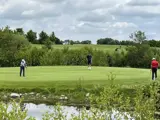 Tre personer spiller golf på en grøn bane omgivet af træer og buske under en overskyet himmel.