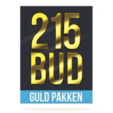 Mørkeblå plakat med store, skinnende guldtal 215 over ordet BUD og en lyseblå stribe i bunden, hvor der står GULD PAKKEN med guldbogstaver.